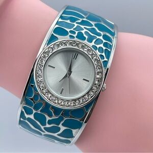 Blue Enamel Cuff Bracelet Watch Silver Tone Crystal  Quartz Brand New Battery